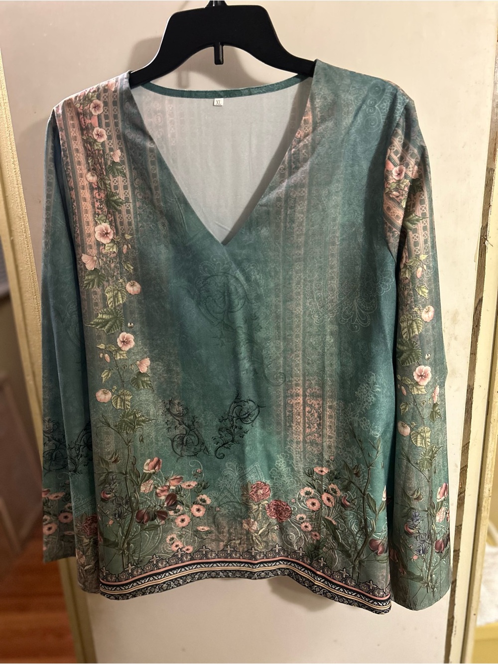 Floral V-Neck Long Sleeve Dress Top - Teal Floral